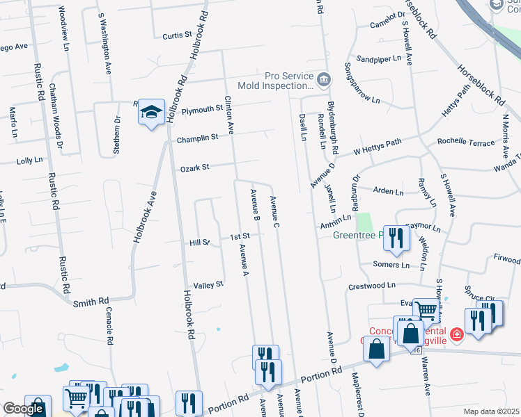 map of restaurants, bars, coffee shops, grocery stores, and more near 345 Avenue B in Ronkonkoma