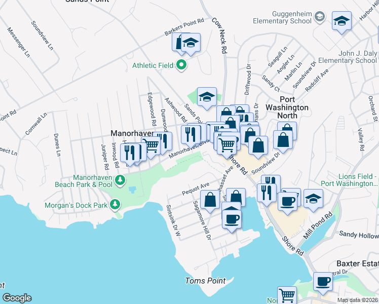 map of restaurants, bars, coffee shops, grocery stores, and more near 30 Manorhaven Boulevard in Port Washington