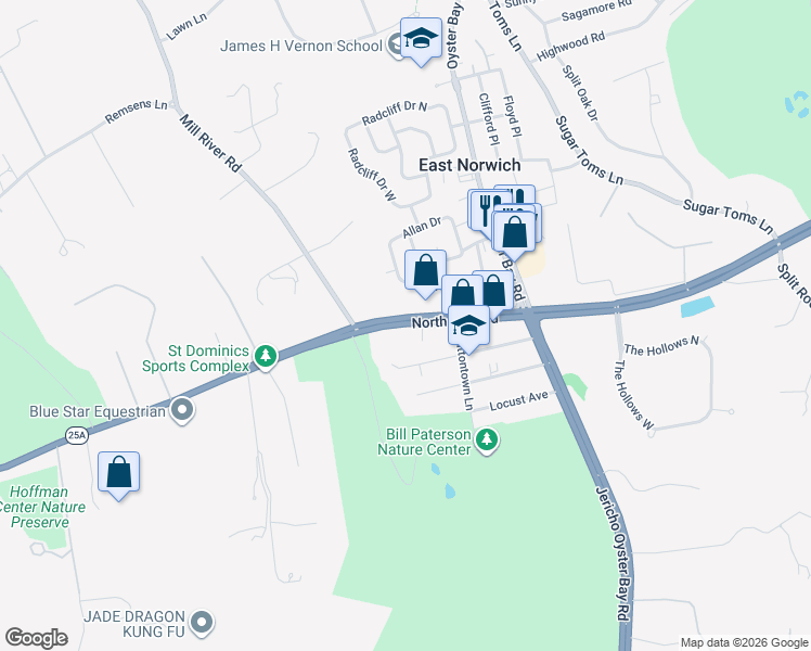 map of restaurants, bars, coffee shops, grocery stores, and more near 6212 Northern Boulevard in East Norwich