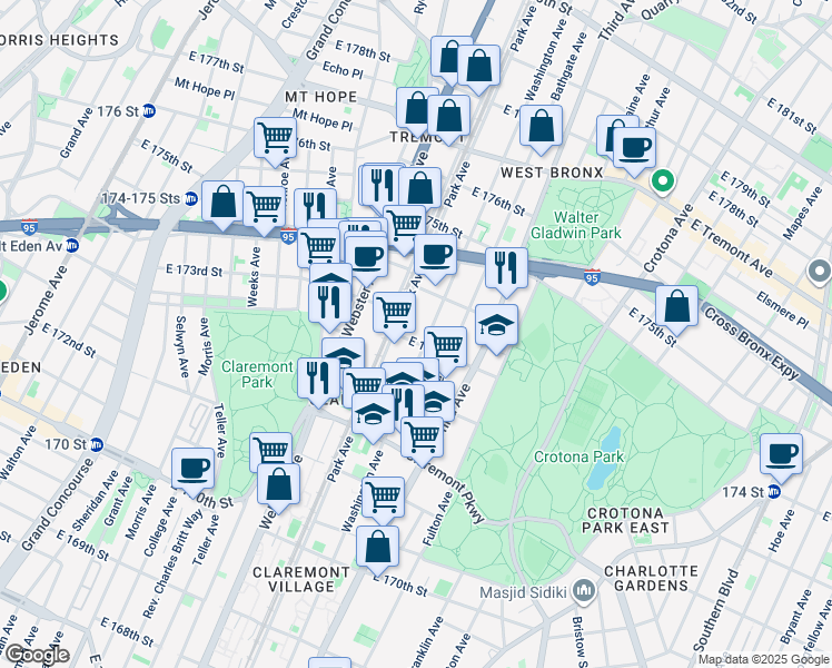map of restaurants, bars, coffee shops, grocery stores, and more near 447 East 173rd Street in Bronx