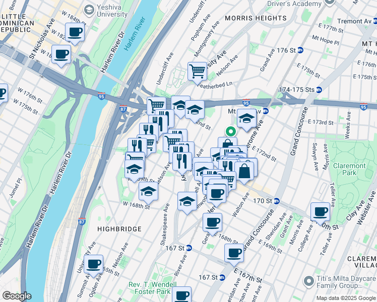 map of restaurants, bars, coffee shops, grocery stores, and more near 1449 Shakespeare Avenue in Bronx