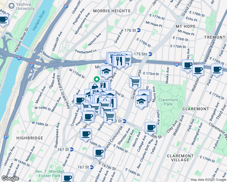 map of restaurants, bars, coffee shops, grocery stores, and more near Townsend Ave & E 172nd St in Bronx