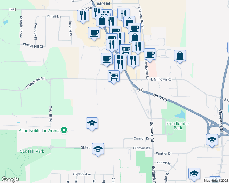 map of restaurants, bars, coffee shops, grocery stores, and more near 3540 Burbank Road in Wooster