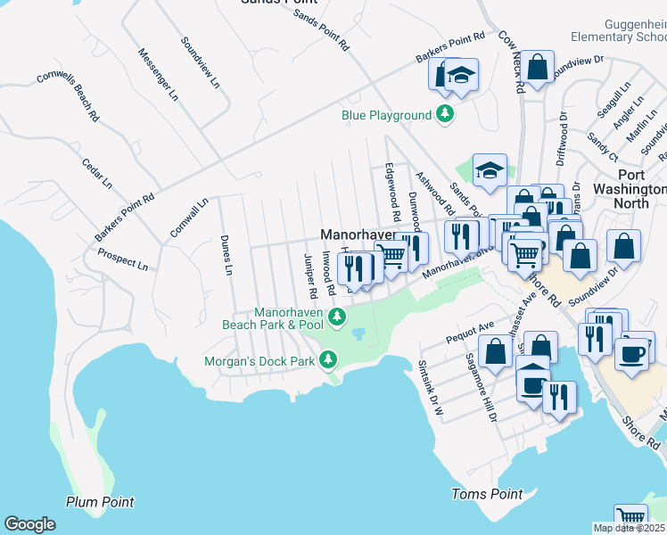 map of restaurants, bars, coffee shops, grocery stores, and more near 16 Inwood Road in Port Washington