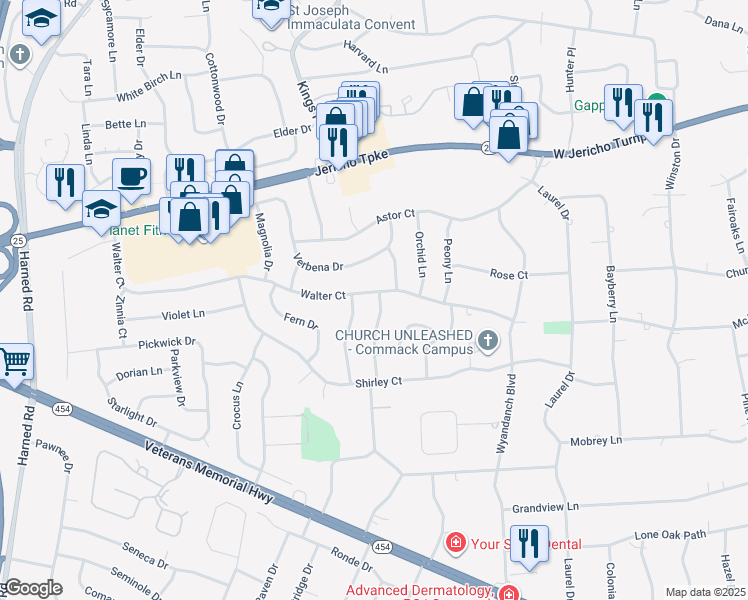 map of restaurants, bars, coffee shops, grocery stores, and more near 80 Walter Court in Commack