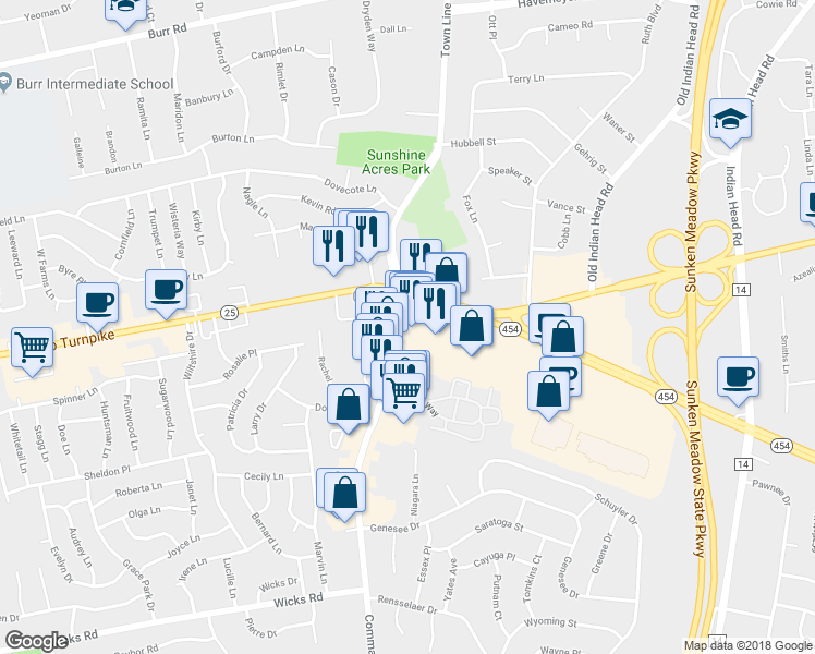map of restaurants, bars, coffee shops, grocery stores, and more near 6500 Jericho Turnpike in Commack
