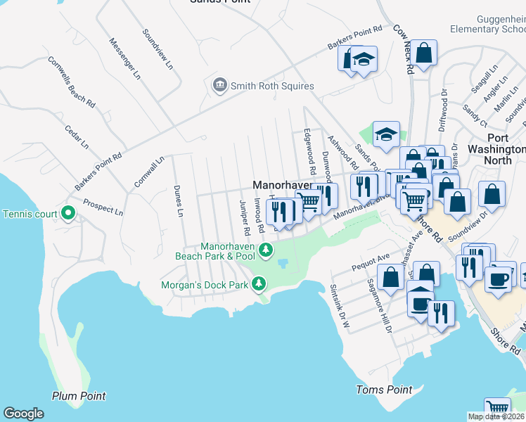 map of restaurants, bars, coffee shops, grocery stores, and more near 16 Inwood Road in Port Washington