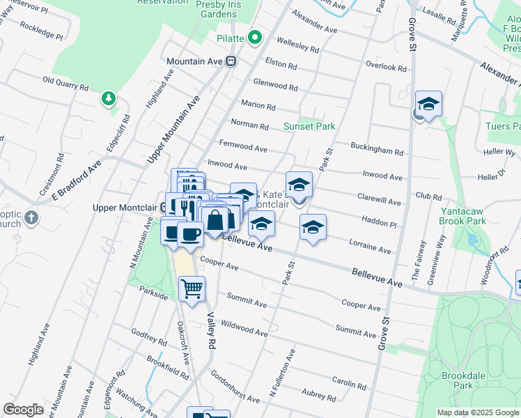 map of restaurants, bars, coffee shops, grocery stores, and more near 11 Norwood Avenue in Montclair