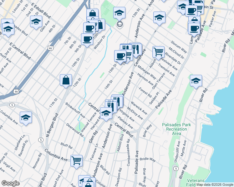 map of restaurants, bars, coffee shops, grocery stores, and more near 1275 Anderson Avenue in Fort Lee