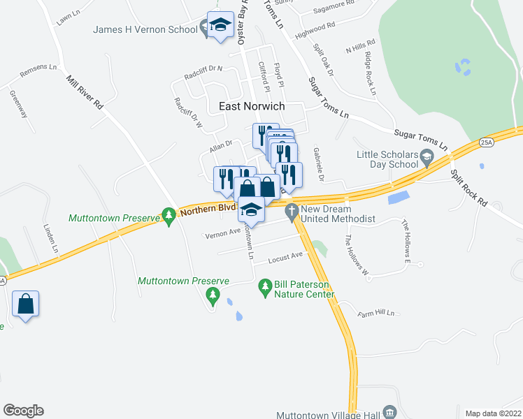 map of restaurants, bars, coffee shops, grocery stores, and more near 6300 Northern Boulevard in East Norwich