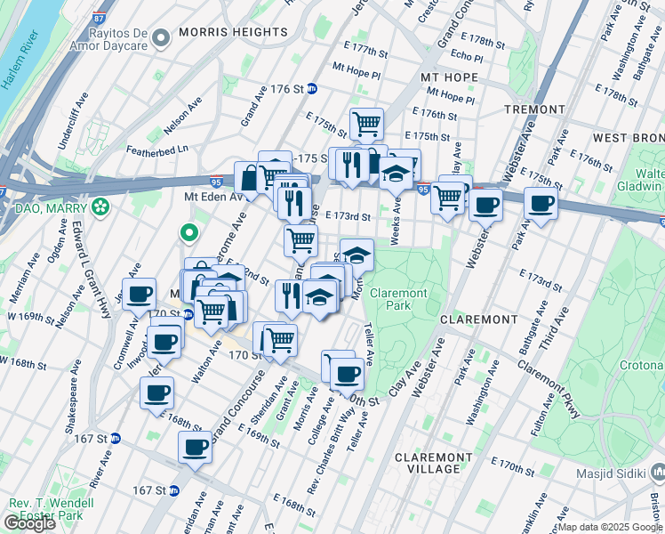 map of restaurants, bars, coffee shops, grocery stores, and more near 1549 Selwyn Avenue in Bronx