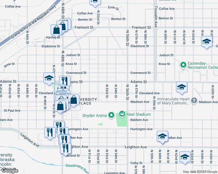 map of restaurants, bars, coffee shops, grocery stores, and more near 2936 North 53rd Street in Lincoln