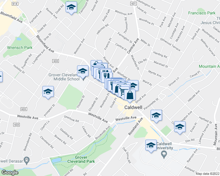 map of restaurants, bars, coffee shops, grocery stores, and more near 433 Bloomfield Avenue in Caldwell