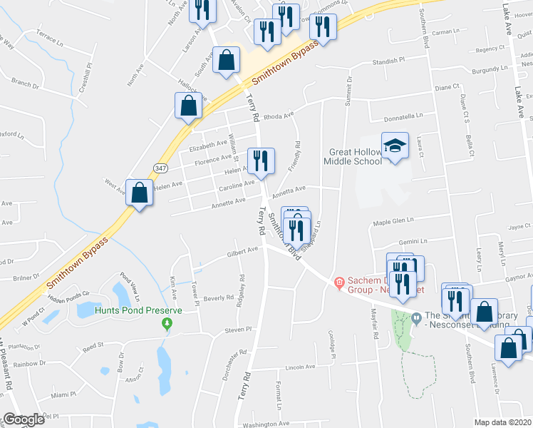map of restaurants, bars, coffee shops, grocery stores, and more near 209 Terry Road in Smithtown