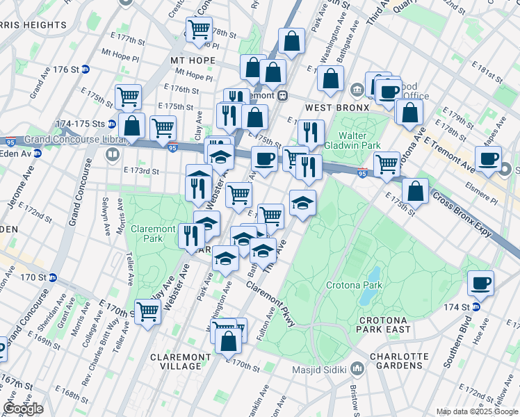 map of restaurants, bars, coffee shops, grocery stores, and more near 1701 Bathgate Avenue in The Bronx