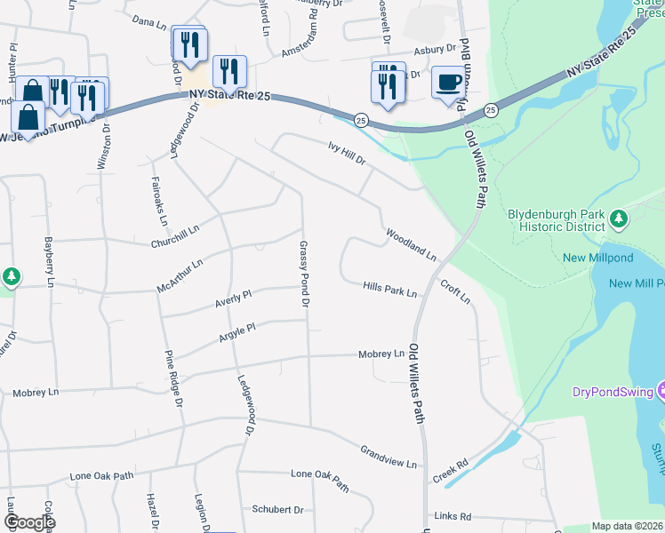 map of restaurants, bars, coffee shops, grocery stores, and more near 14 Hills Park Lane in Smithtown