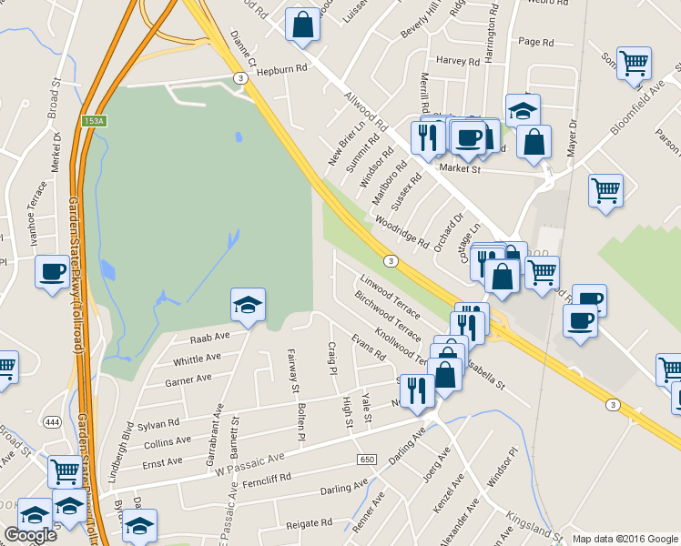 map of restaurants, bars, coffee shops, grocery stores, and more near 168 Knollwood Terrace in Clifton