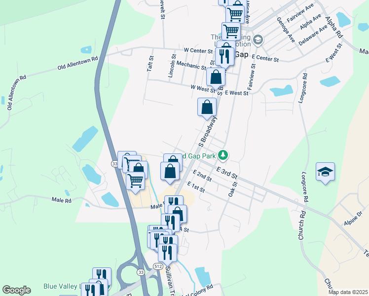 map of restaurants, bars, coffee shops, grocery stores, and more near 38 W 3rd St in Wind Gap