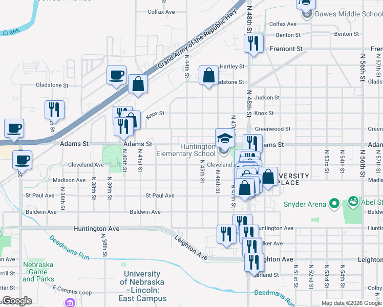 map of restaurants, bars, coffee shops, grocery stores, and more near 2938 North 44th Street in Lincoln