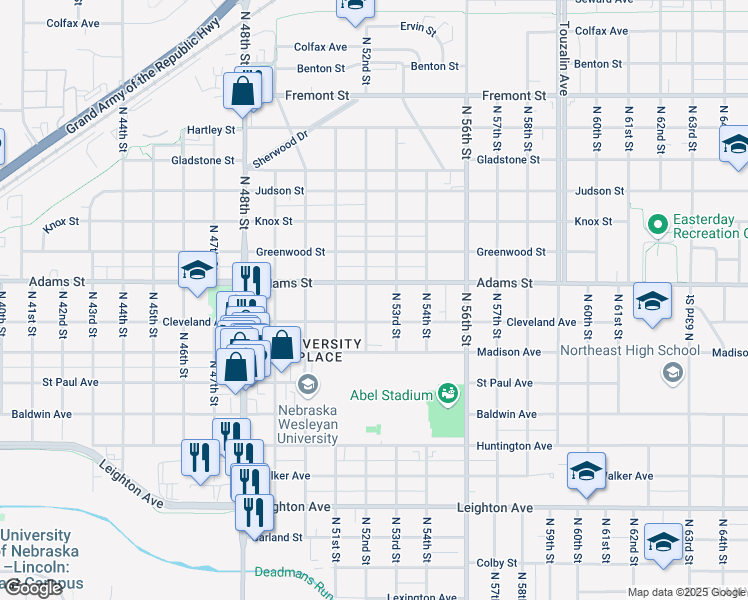 map of restaurants, bars, coffee shops, grocery stores, and more near 2936 North 52nd Street in Lincoln