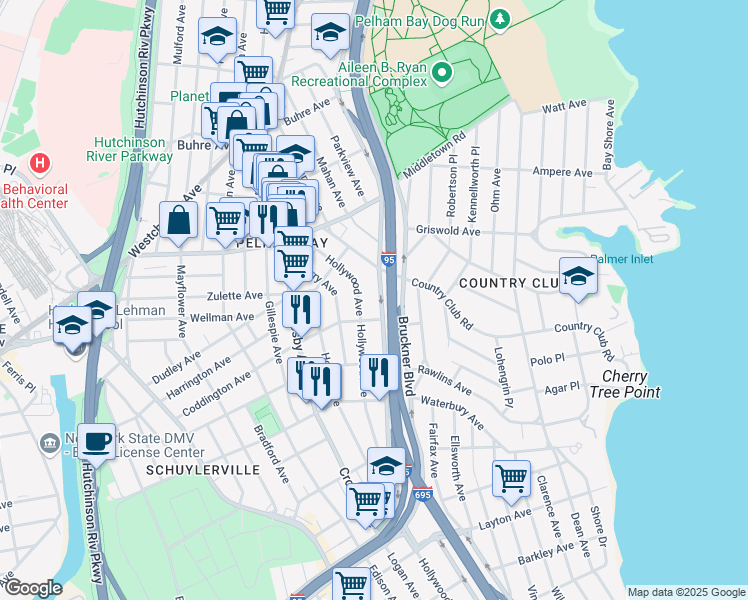 map of restaurants, bars, coffee shops, grocery stores, and more near 1424 Hollywood Avenue in Bronx