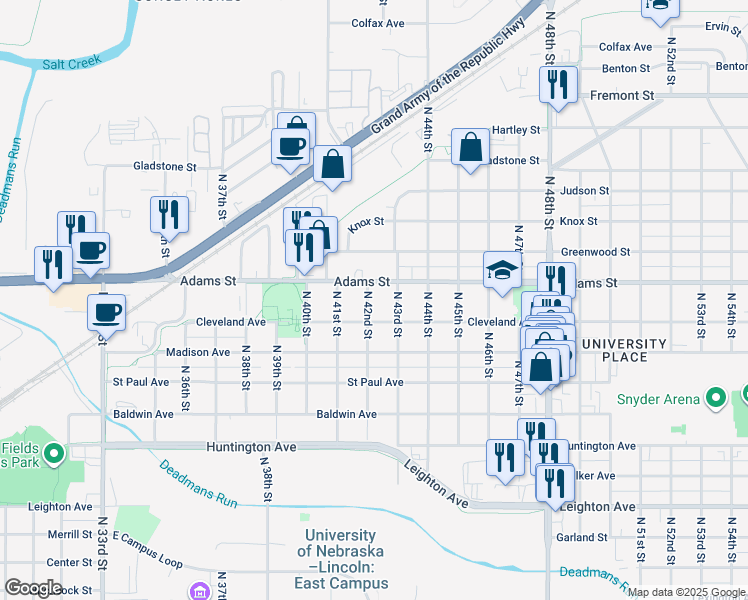 map of restaurants, bars, coffee shops, grocery stores, and more near 2930 North 42nd Street in Lincoln