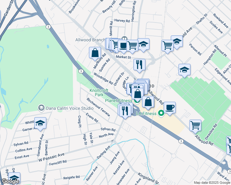 map of restaurants, bars, coffee shops, grocery stores, and more near 80 Orchard Drive in Clifton
