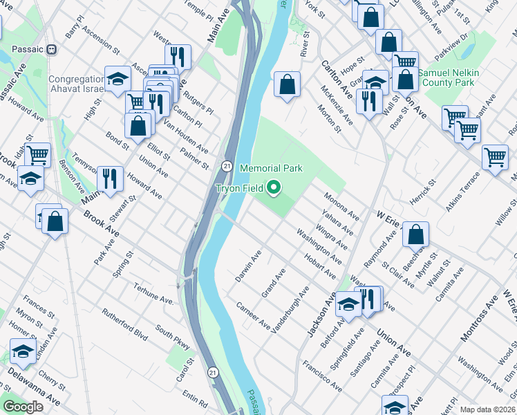map of restaurants, bars, coffee shops, grocery stores, and more near 459 Washington Avenue in Rutherford