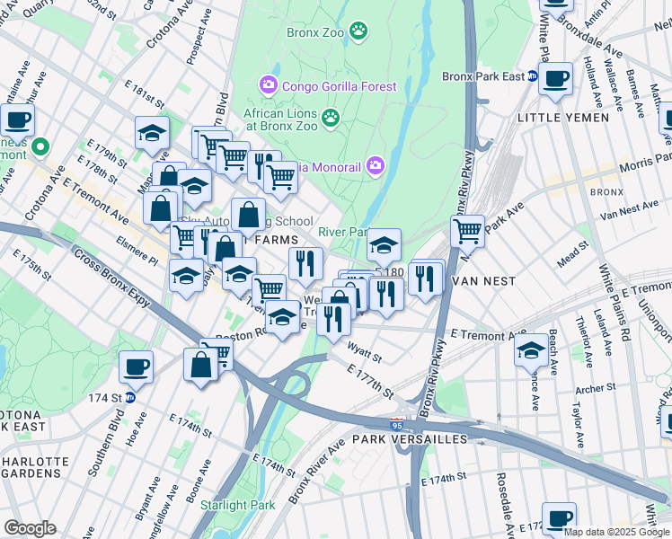 map of restaurants, bars, coffee shops, grocery stores, and more near 2082 Boston Road in The Bronx