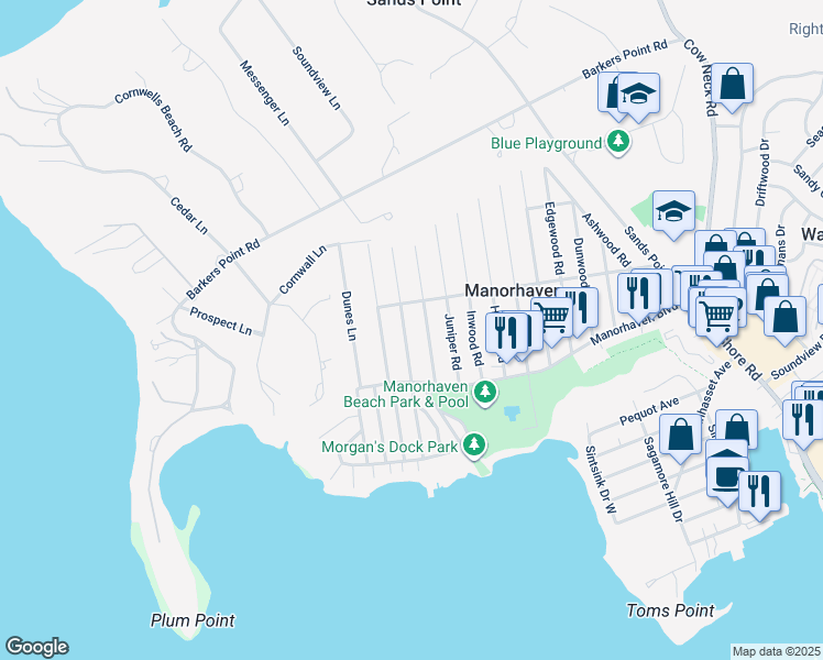 map of restaurants, bars, coffee shops, grocery stores, and more near 24 B Linwood Road North in Sands Point