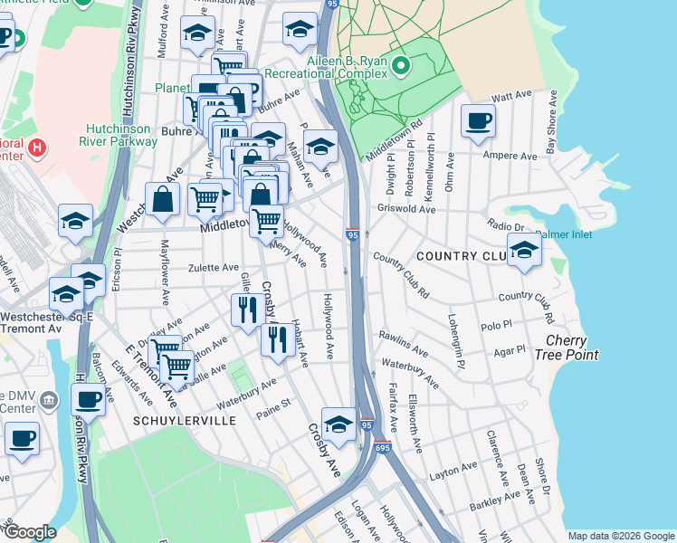 map of restaurants, bars, coffee shops, grocery stores, and more near 1424 Hollywood Avenue in Bronx