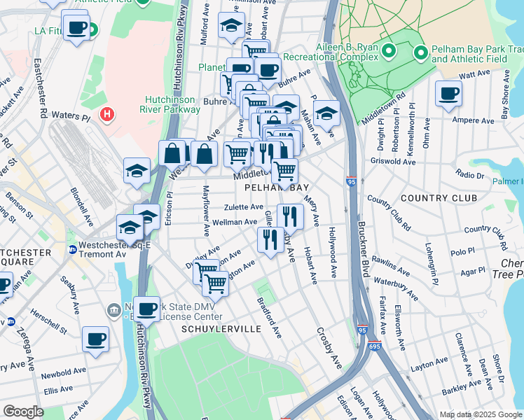 map of restaurants, bars, coffee shops, grocery stores, and more near 2936 Zulette Avenue in The Bronx