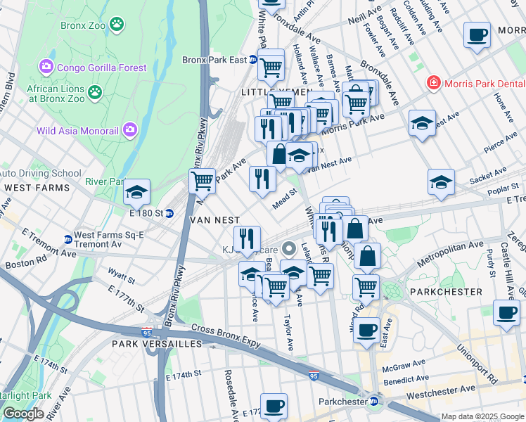 map of restaurants, bars, coffee shops, grocery stores, and more near 1653 Garfield Street in Bronx