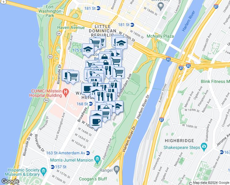 map of restaurants, bars, coffee shops, grocery stores, and more near 508 West 171st Street in New York
