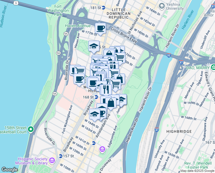 map of restaurants, bars, coffee shops, grocery stores, and more near 555 West 170th Street in New York