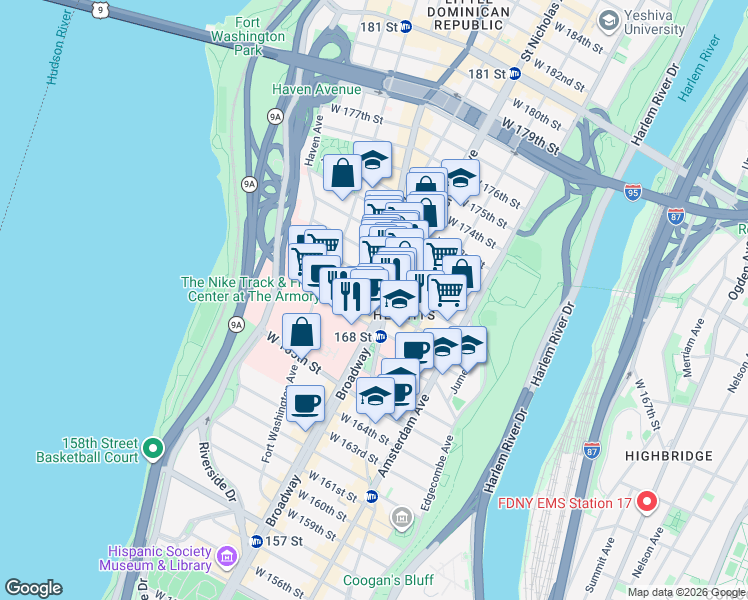 map of restaurants, bars, coffee shops, grocery stores, and more near in New York