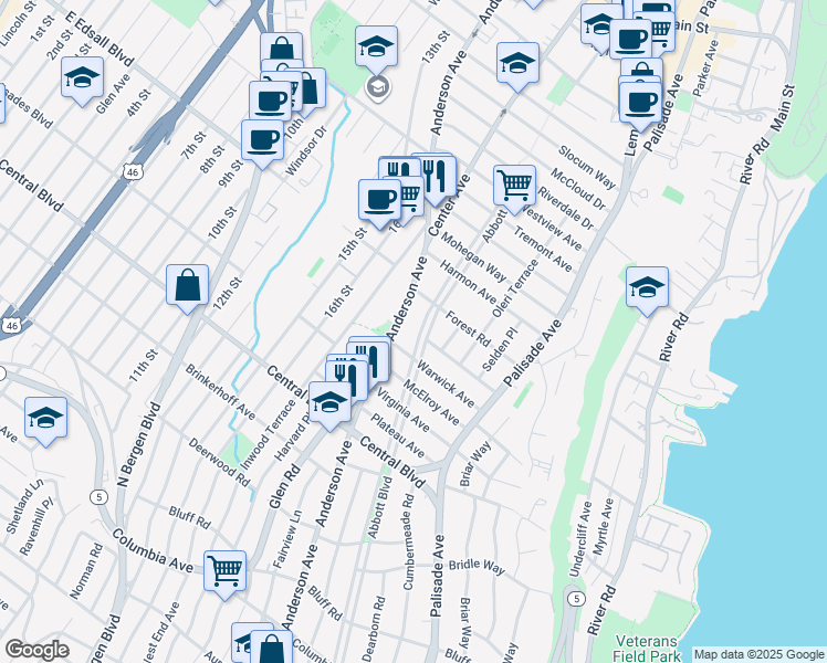 map of restaurants, bars, coffee shops, grocery stores, and more near in Fort Lee