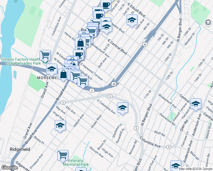 map of restaurants, bars, coffee shops, grocery stores, and more near 105 Abbott Avenue in Palisades Park