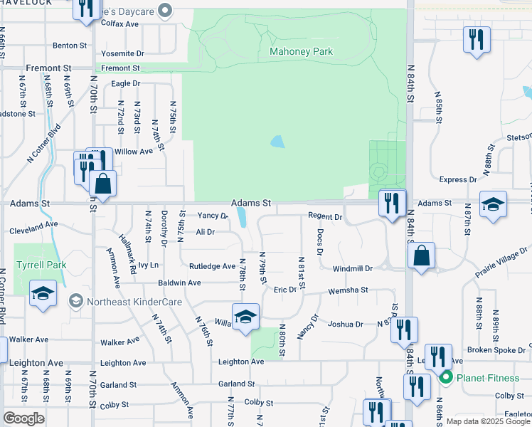 map of restaurants, bars, coffee shops, grocery stores, and more near 7900 Regent Drive in Lincoln