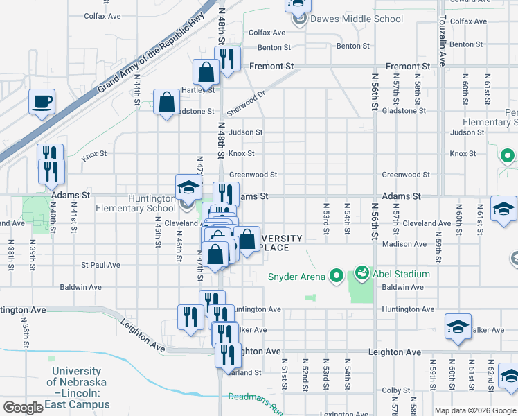 map of restaurants, bars, coffee shops, grocery stores, and more near 2932 North 50th Street in Lincoln