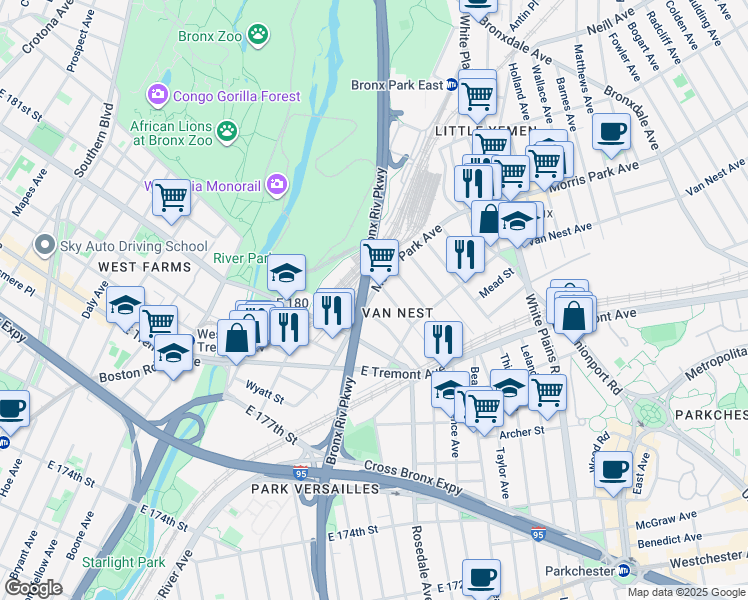 map of restaurants, bars, coffee shops, grocery stores, and more near 510 Morris Park Avenue in The Bronx