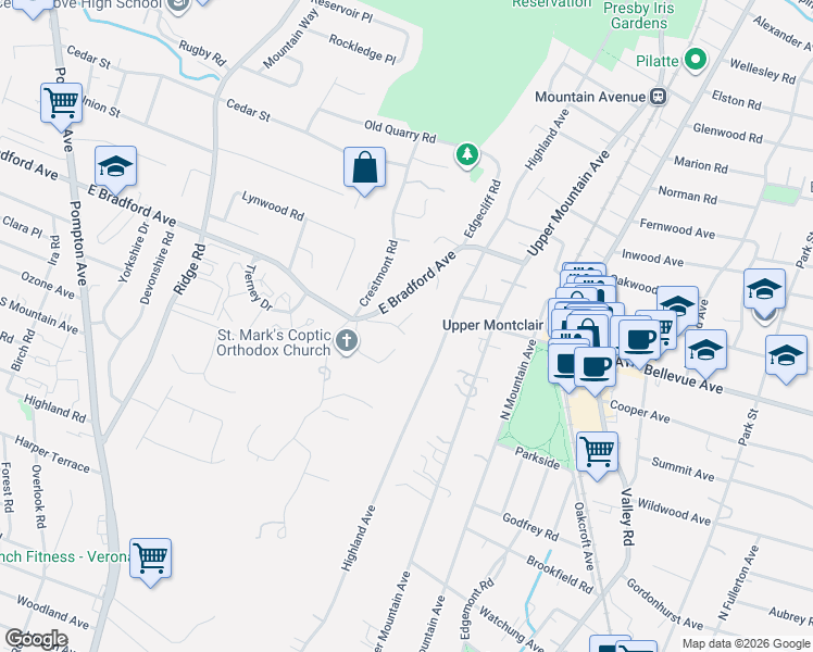 map of restaurants, bars, coffee shops, grocery stores, and more near 11 Bradford Way in Cedar Grove