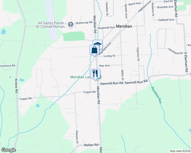 map of restaurants, bars, coffee shops, grocery stores, and more near 328 Meridian Road in Meridian