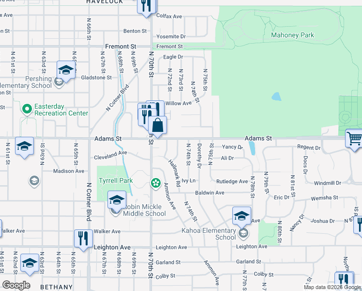 map of restaurants, bars, coffee shops, grocery stores, and more near 2920 North 73rd Street in Lincoln