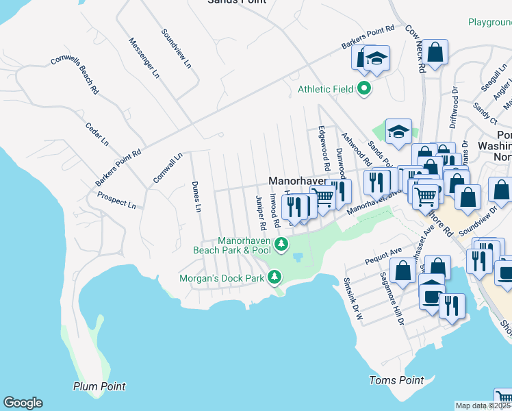 map of restaurants, bars, coffee shops, grocery stores, and more near 27 Juniper Rd in Port Washington