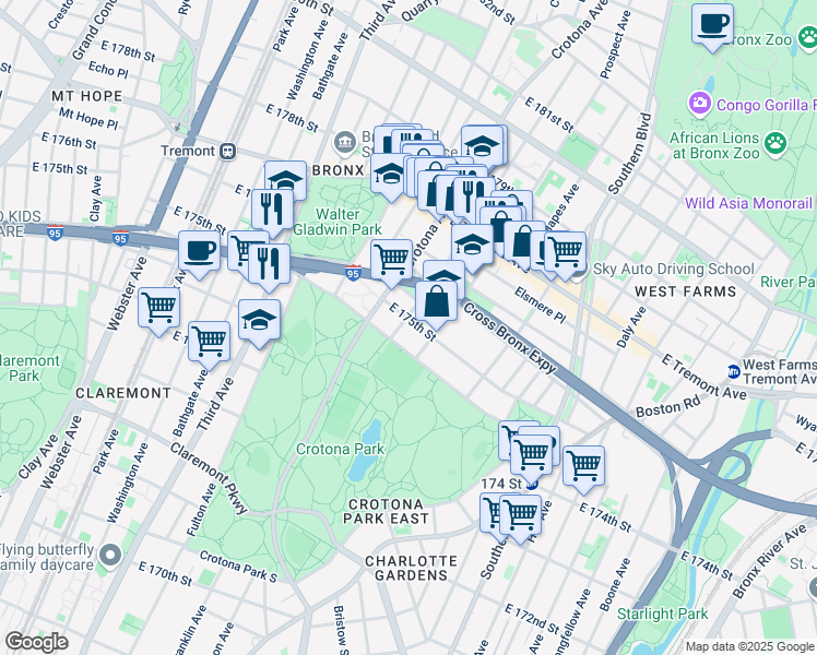 map of restaurants, bars, coffee shops, grocery stores, and more near 1800 Clinton Avenue in Bronx