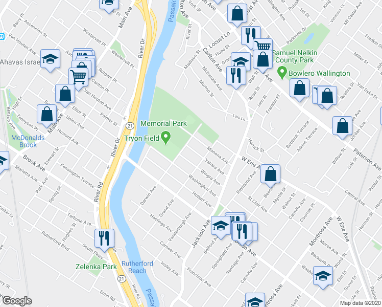 map of restaurants, bars, coffee shops, grocery stores, and more near 57 Yahara Avenue in Rutherford