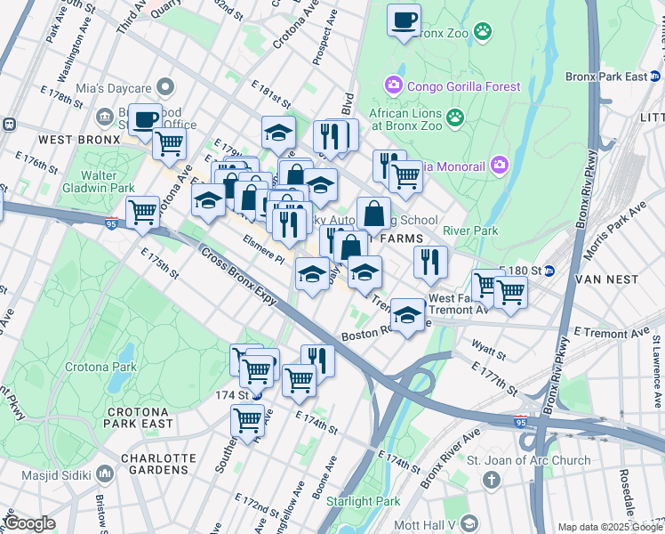 map of restaurants, bars, coffee shops, grocery stores, and more near 919 East Tremont Avenue in Bronx