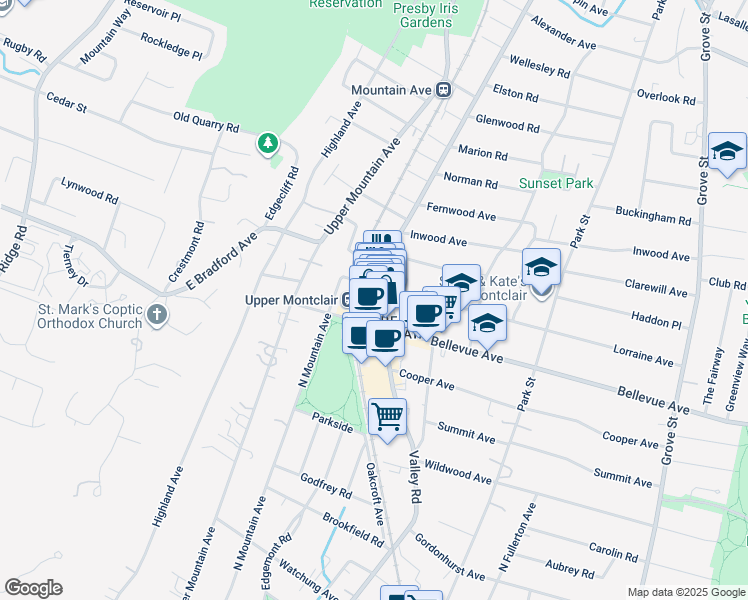 map of restaurants, bars, coffee shops, grocery stores, and more near 623 Valley Road in Montclair