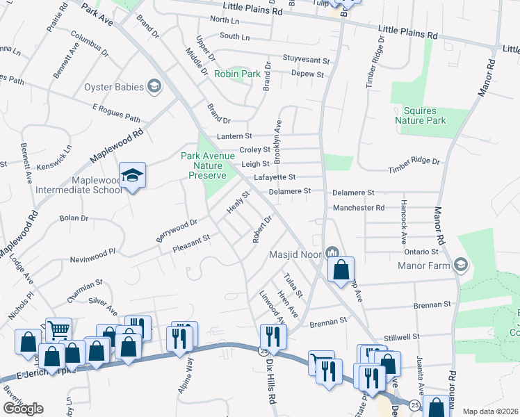 map of restaurants, bars, coffee shops, grocery stores, and more near 6 Timon Court in Huntington
